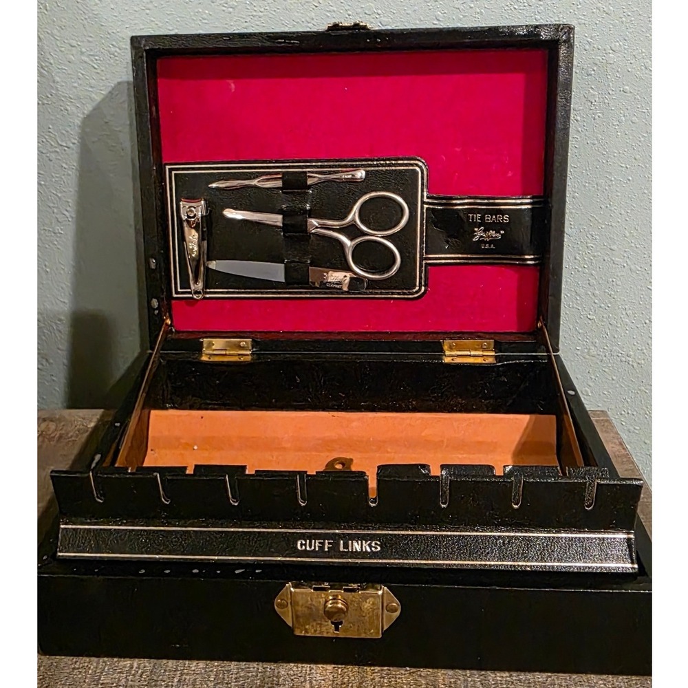 Vintage Griffon Mens Jewelry Box Valet Black Red Velvet Manicure Set USA Made